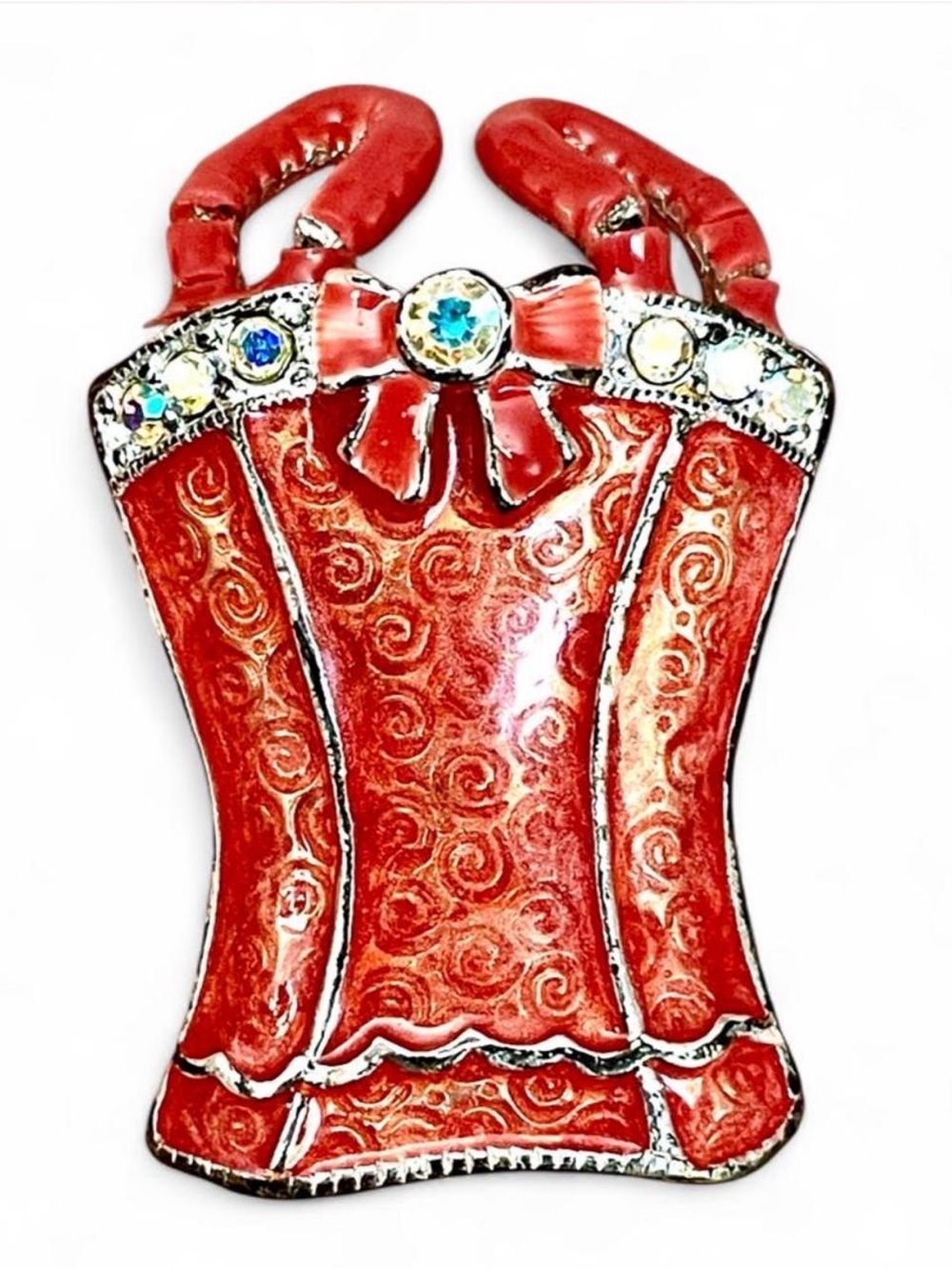 Tanya Creations Vintage Red Enamel Corset Brooch AB Rhinestones Pin Up Burlesque